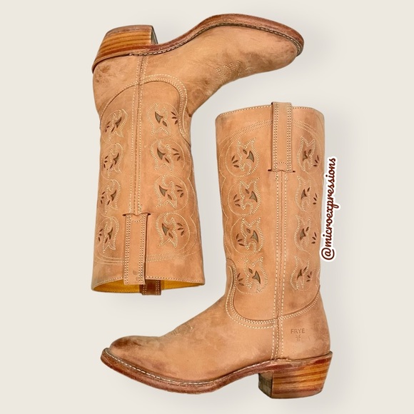 Frye Shoes - VINTAGE 1980 Frye Austin Tan Brown PullOn Leather Floral Embroidered Cowboy Boot